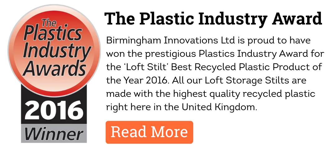 Advertisement for The Plastic Industry Awards 2016, featuring Birmingham Innovations Ltd and their Loft Storage Stilts.