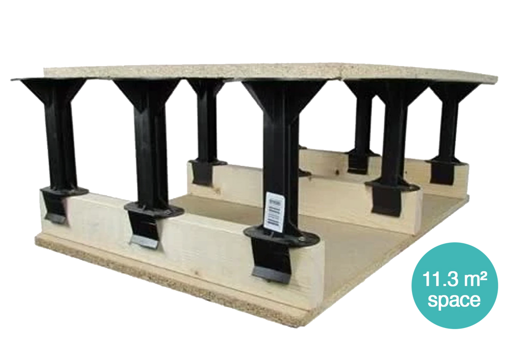 9 plastic loft storage stilts installed on floor joists supporting wooden boards, demonstrating a complete pack for 11.3m² raised storage coverage