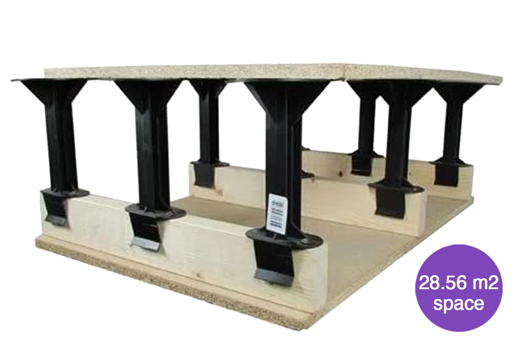 Plastic loft storage stilts installed on floor joists supporting wooden boards, demonstrating the complete stilt pack for 28.56m² coverage.