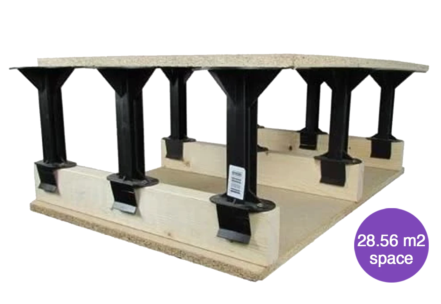 Plastic loft storage stilts installed on floor joists supporting wooden boards, demonstrating the complete stilt pack for 28.56m² coverage.