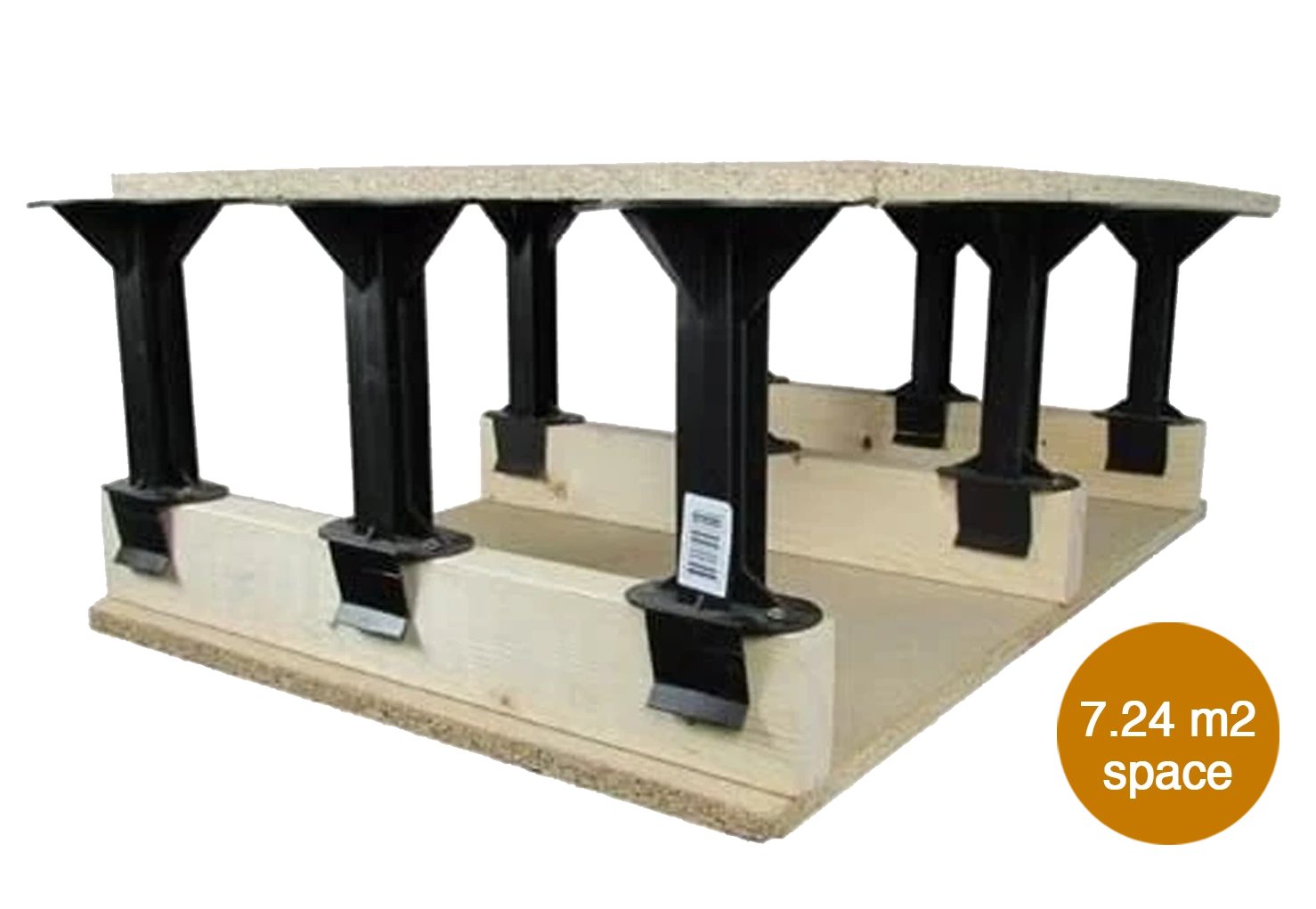 Plastic loft storage stilts installed on floor joists supporting wooden boards, demonstrating a complete pack for 7.24m² raised storage coverage.