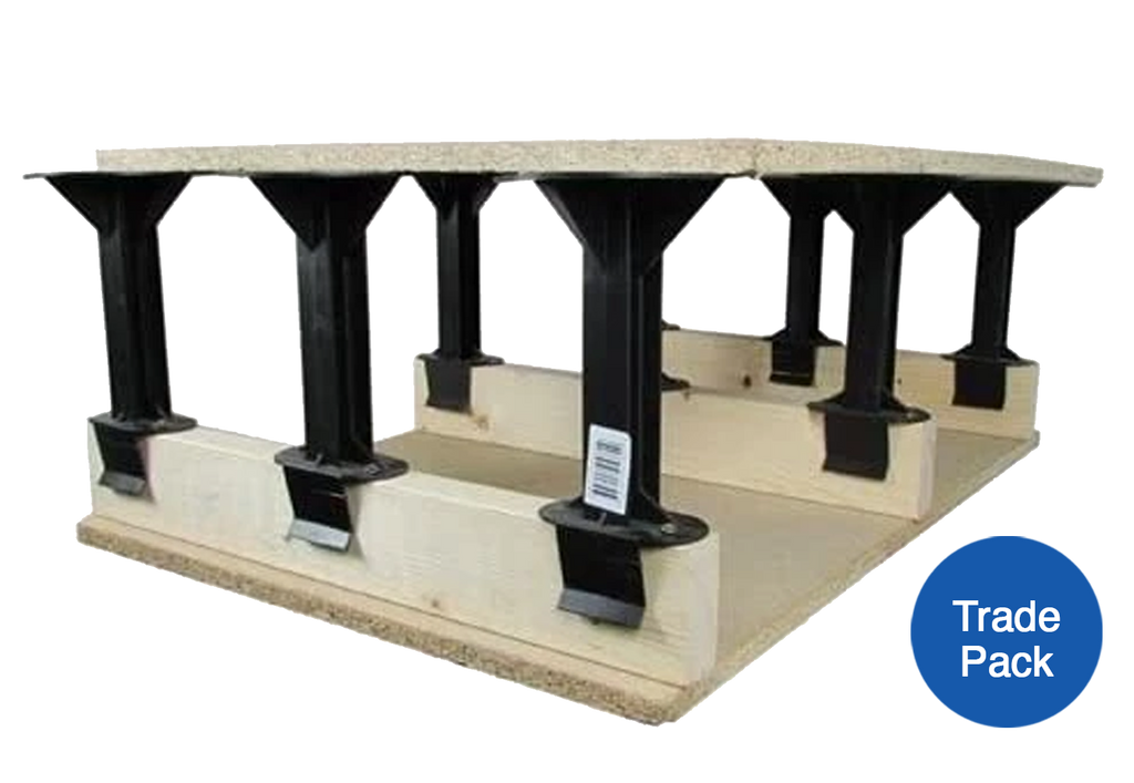 Bulk trade pallet of UK-made loft storage stilts for professional installers.